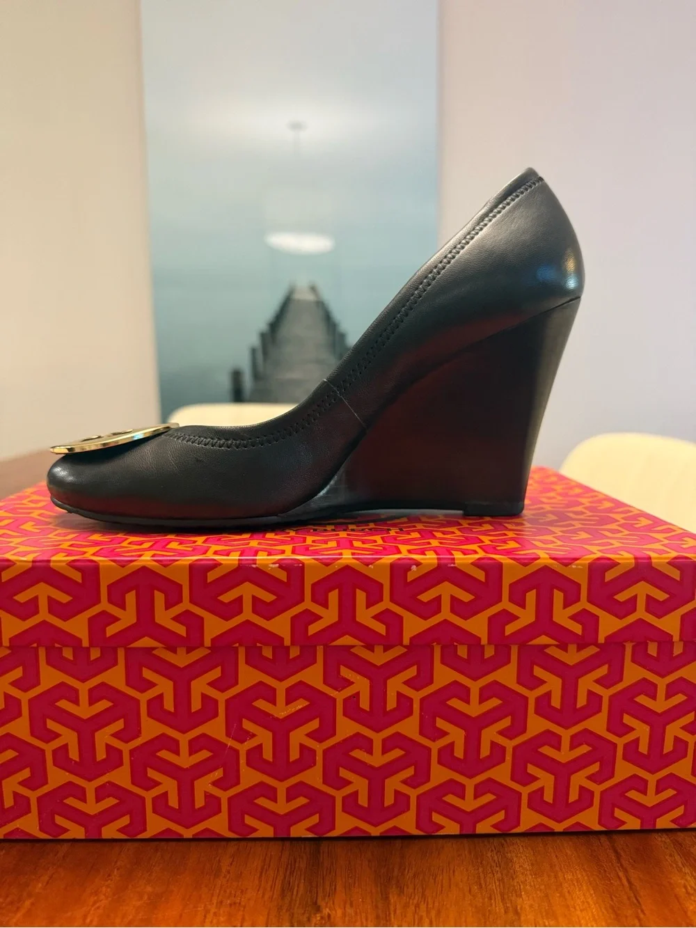 Tory Burch Black Leather Pumps with Gold Logo Medallion